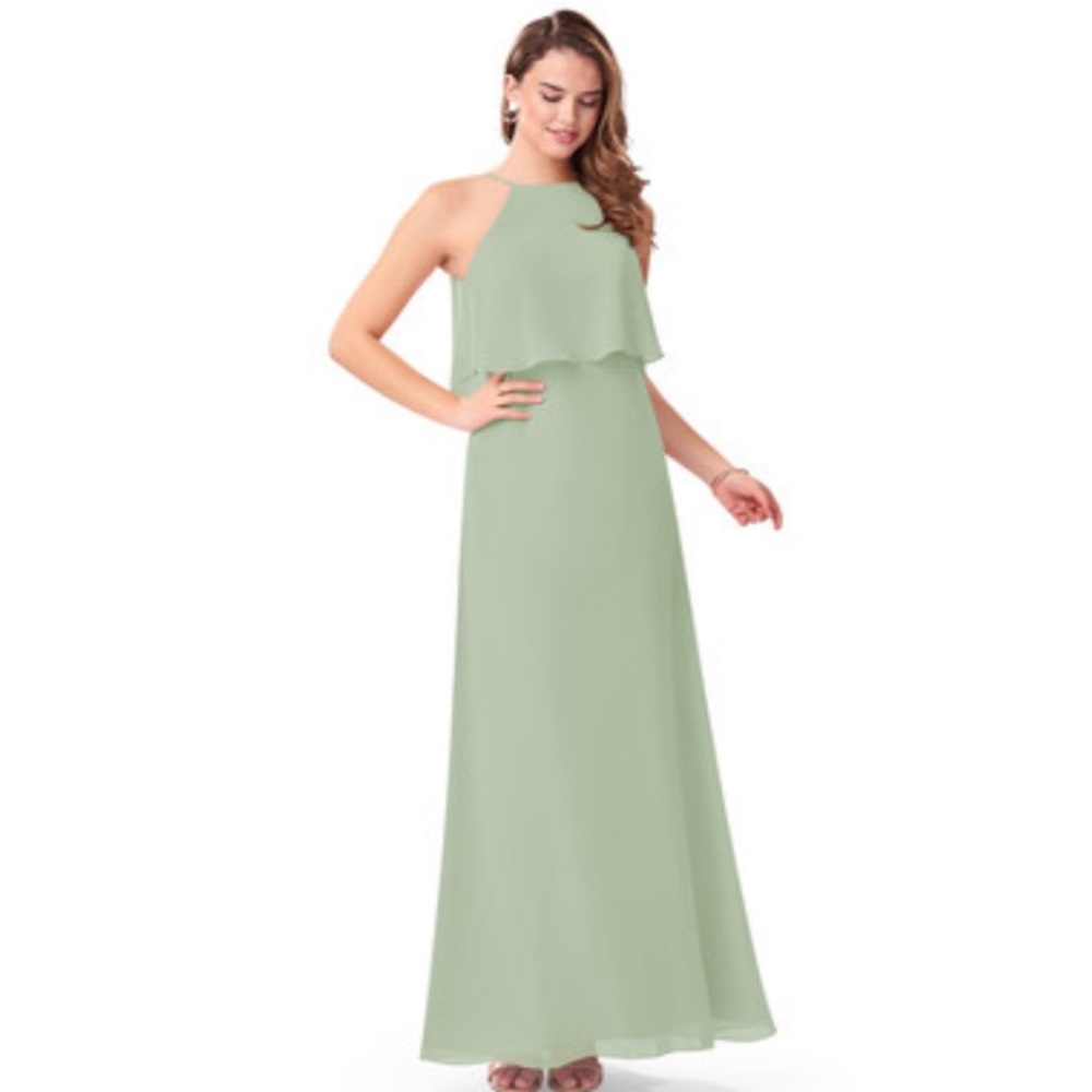 Azazie Rosella Dusty Sage High Neck Dress.